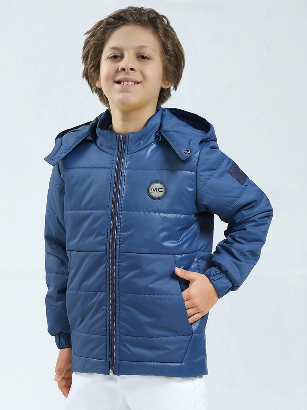 Boys Blue Solid Hooded Full Sleeve Jacket