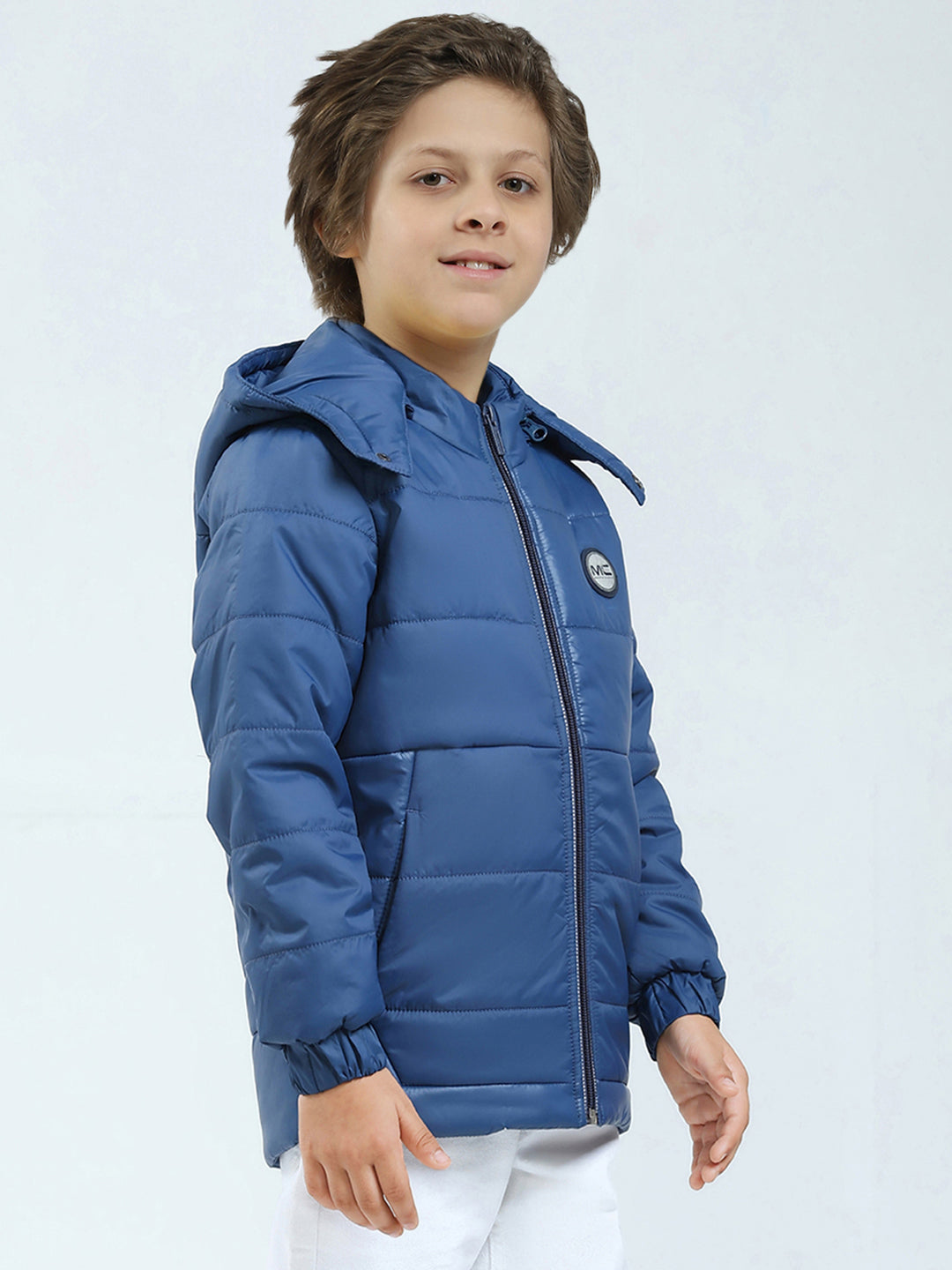 Boys Blue Solid Hooded Full Sleeve Jacket