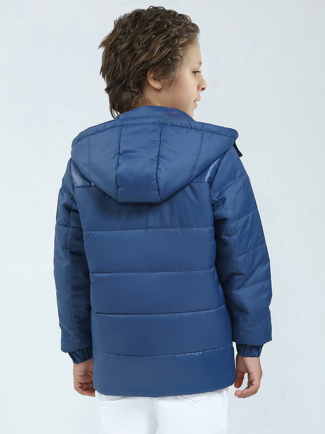 Boys Blue Solid Hooded Full Sleeve Jacket