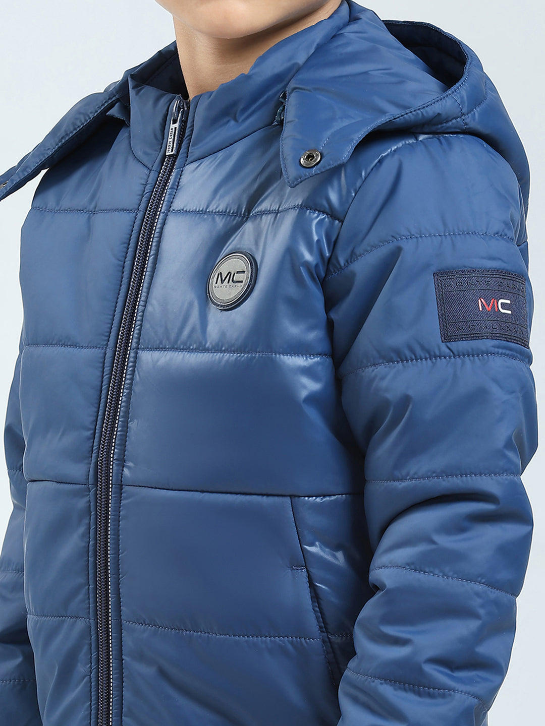Boys Blue Solid Hooded Full Sleeve Jacket