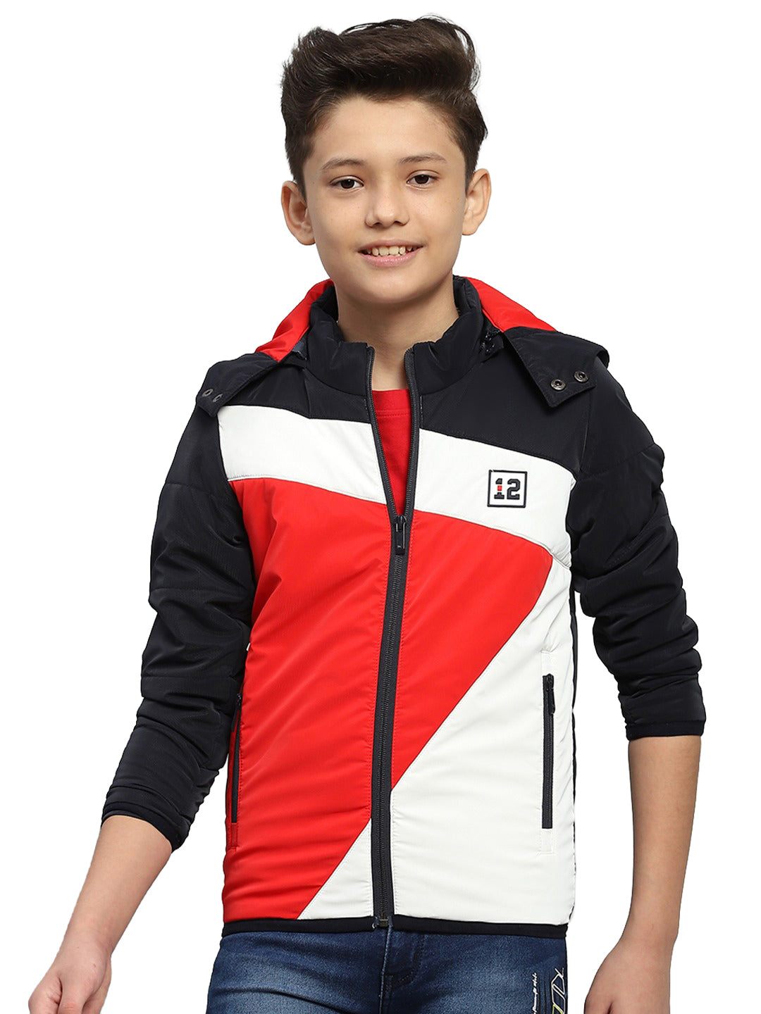 Boys Navy Blue Solid Hooded Full Sleeve Jacket