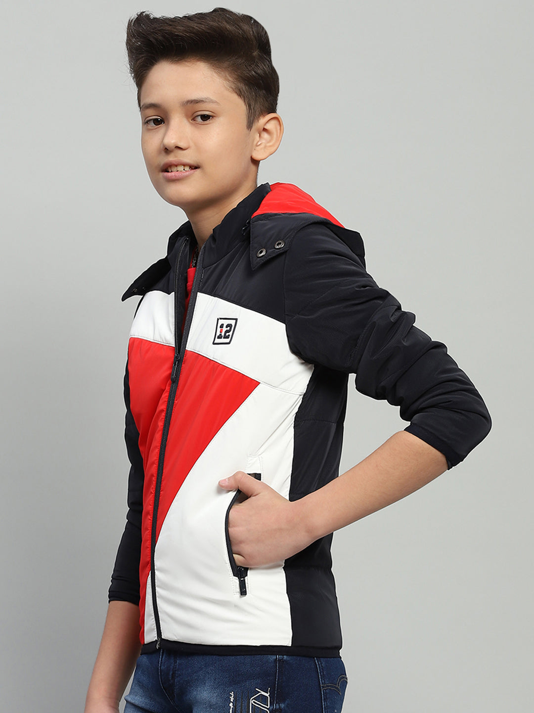 Boys Navy Blue Solid Hooded Full Sleeve Jacket
