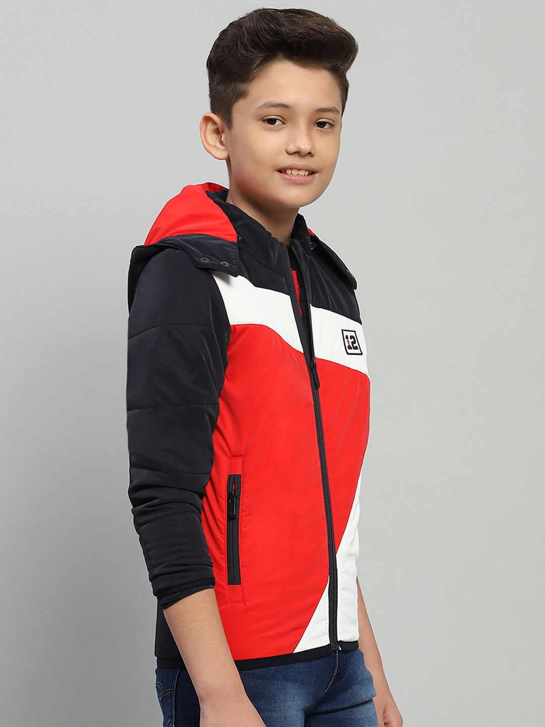 Boys Navy Blue Solid Hooded Full Sleeve Jacket