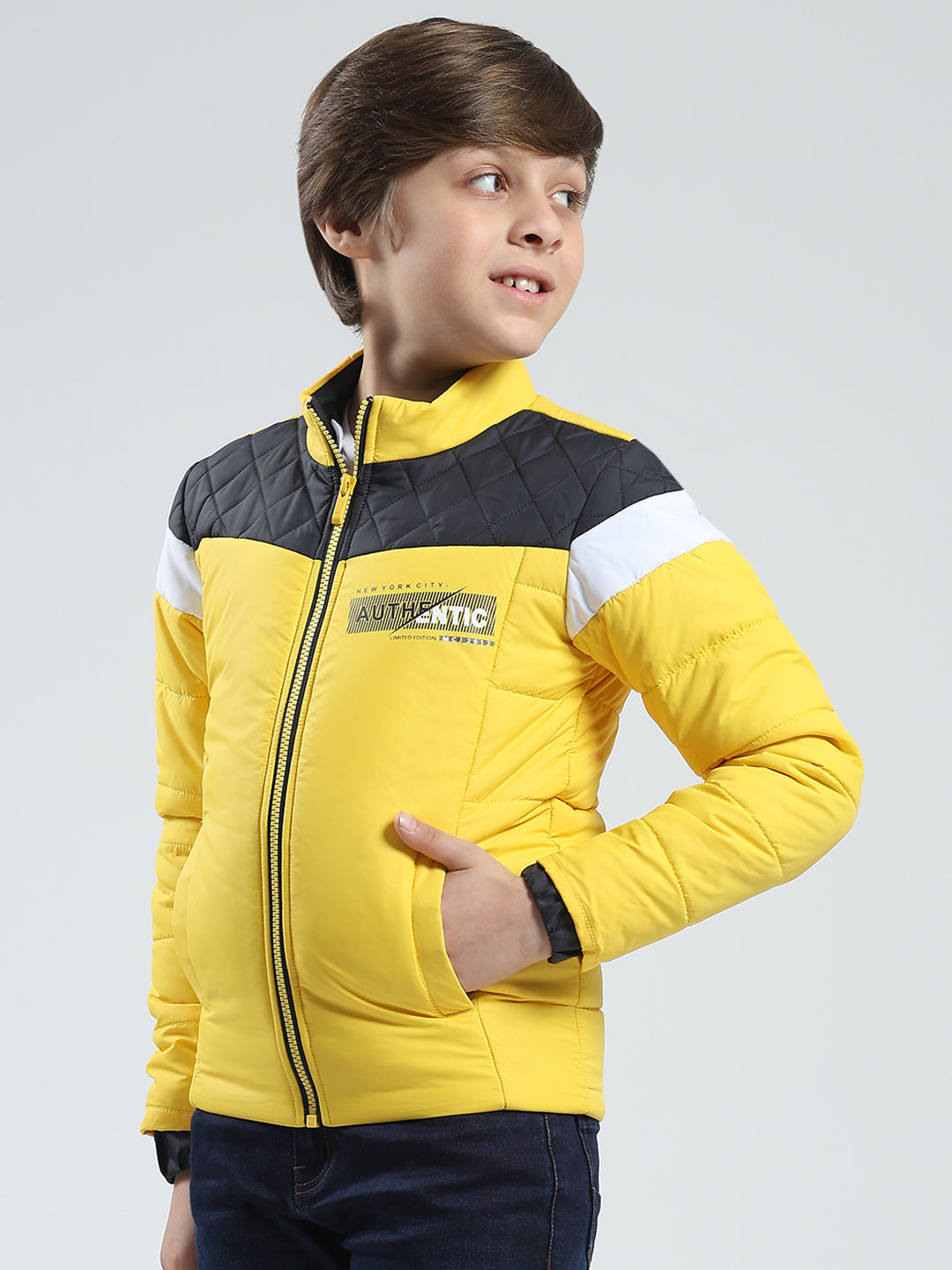 Boys Yellow Printed Mock Neck Full Sleeve Jacket