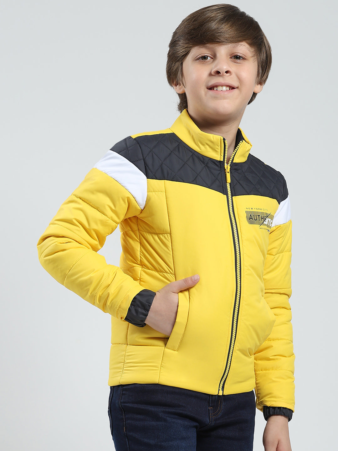 Boys Yellow Printed Mock Neck Full Sleeve Jacket