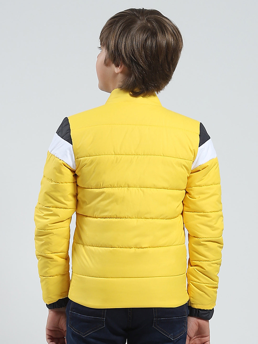 Boys Yellow Printed Mock Neck Full Sleeve Jacket
