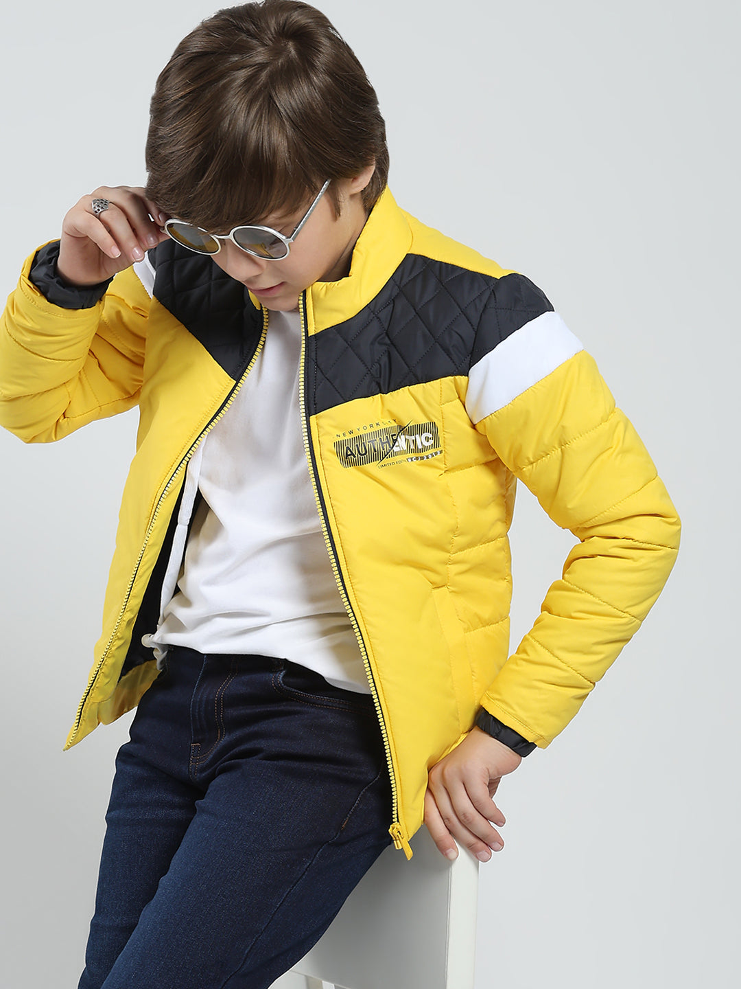 Boys Yellow Printed Mock Neck Full Sleeve Jacket