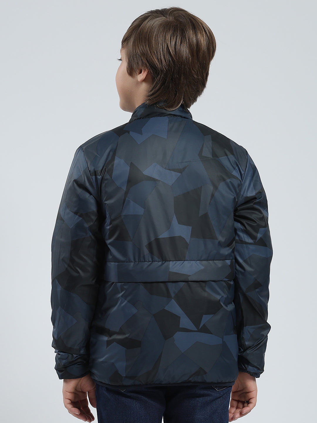 Boys Orange Printed Mock Neck Full Sleeve Reversible Jacket