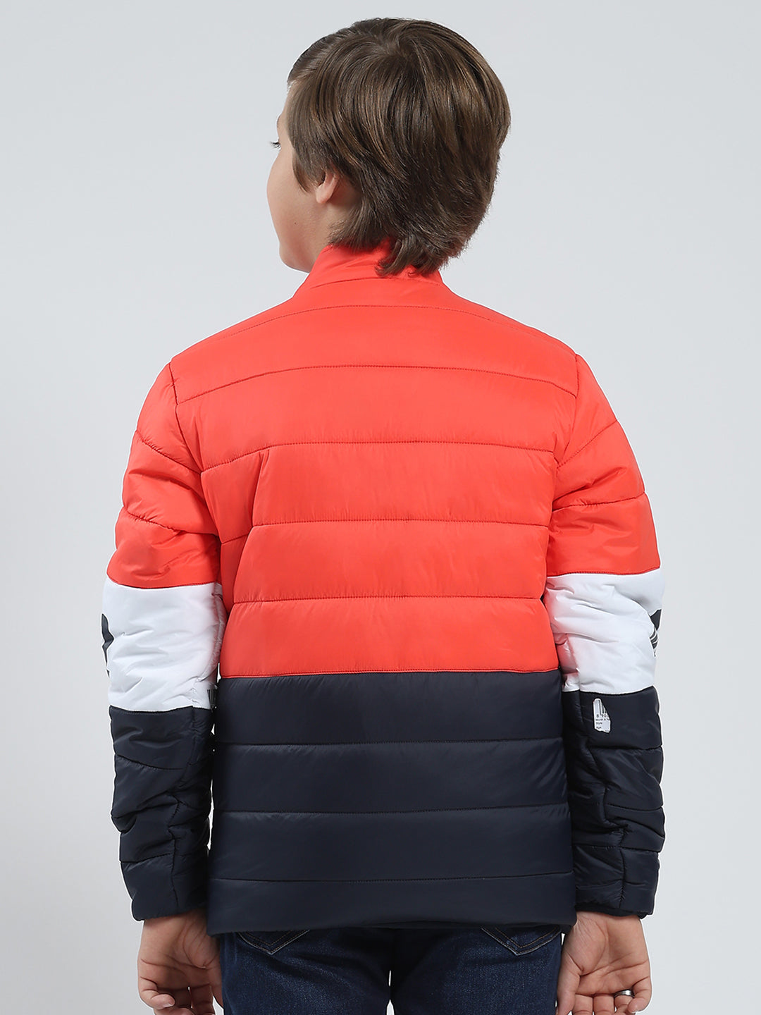 Boys Orange Printed Mock Neck Full Sleeve Reversible Jacket