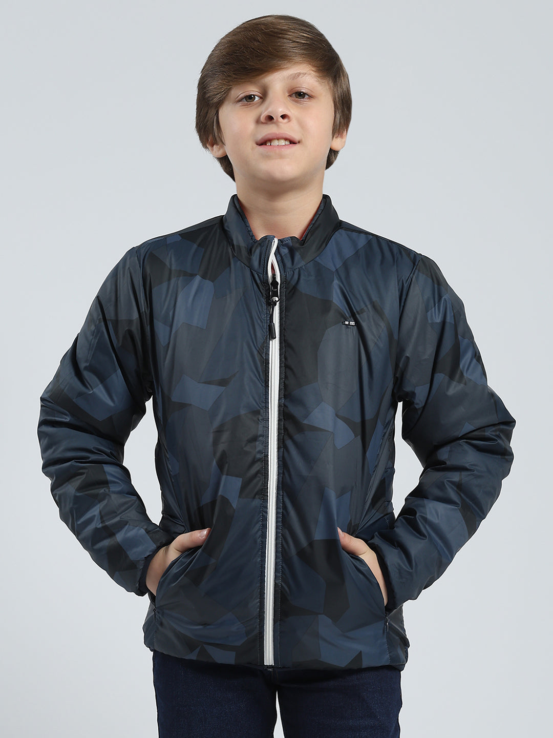 Boys Orange Printed Mock Neck Full Sleeve Reversible Jacket