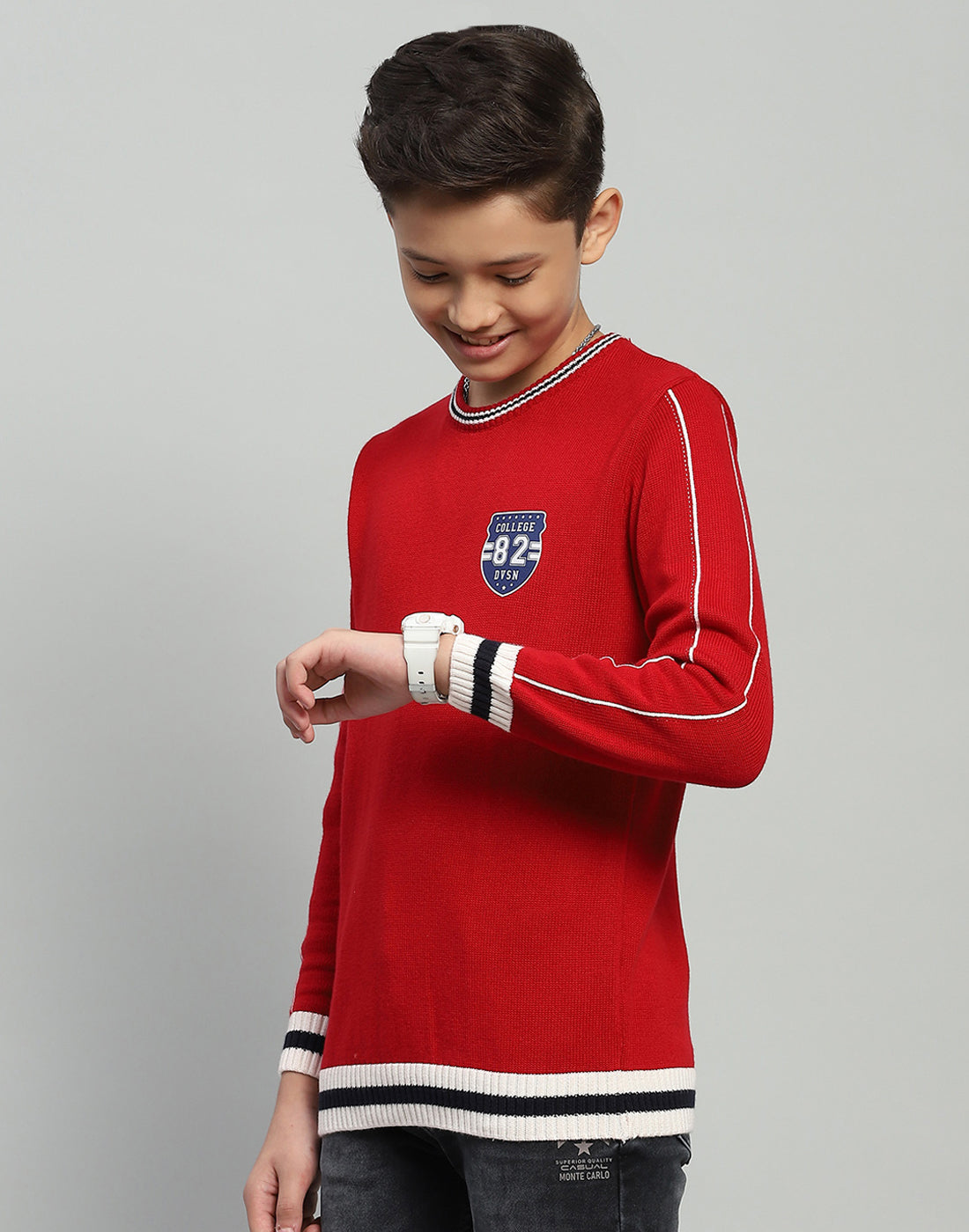 Boys Red Jacquard Round Neck Full Sleeve Pullover