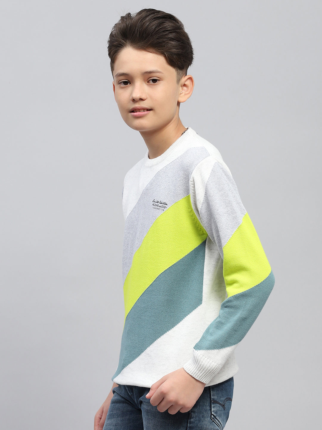 Boys White Self Design Round Neck Full Sleeve Pullover