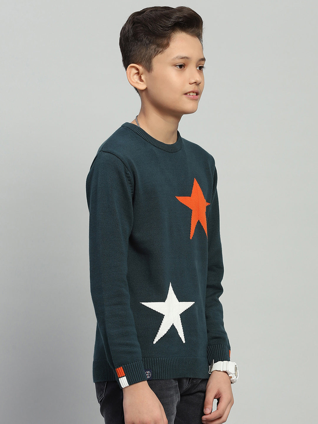 Boys Green Self Design Round Neck Full Sleeve Pullover