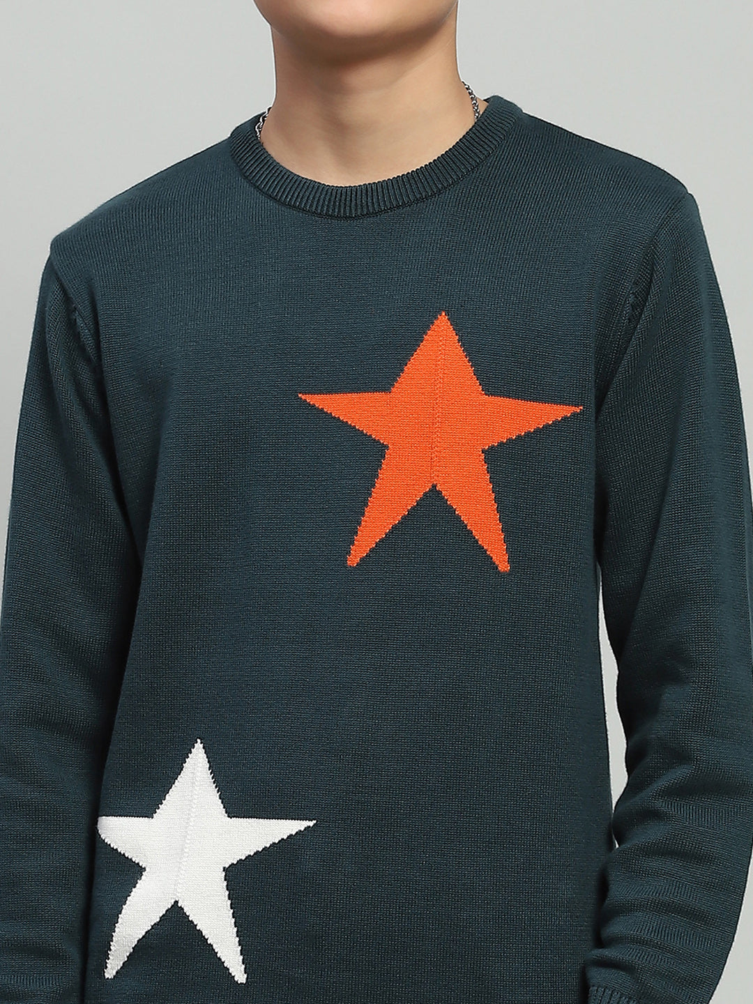 Boys Green Self Design Round Neck Full Sleeve Pullover