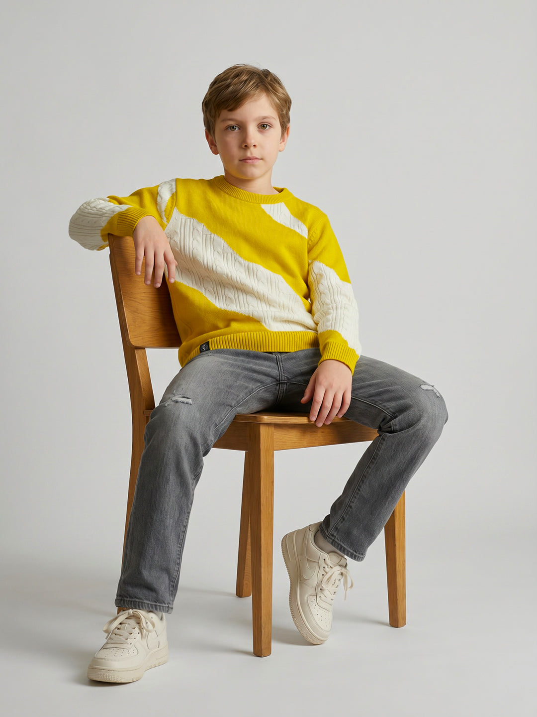 Boys Mustard Self Design Round Neck Full Sleeve Pullover