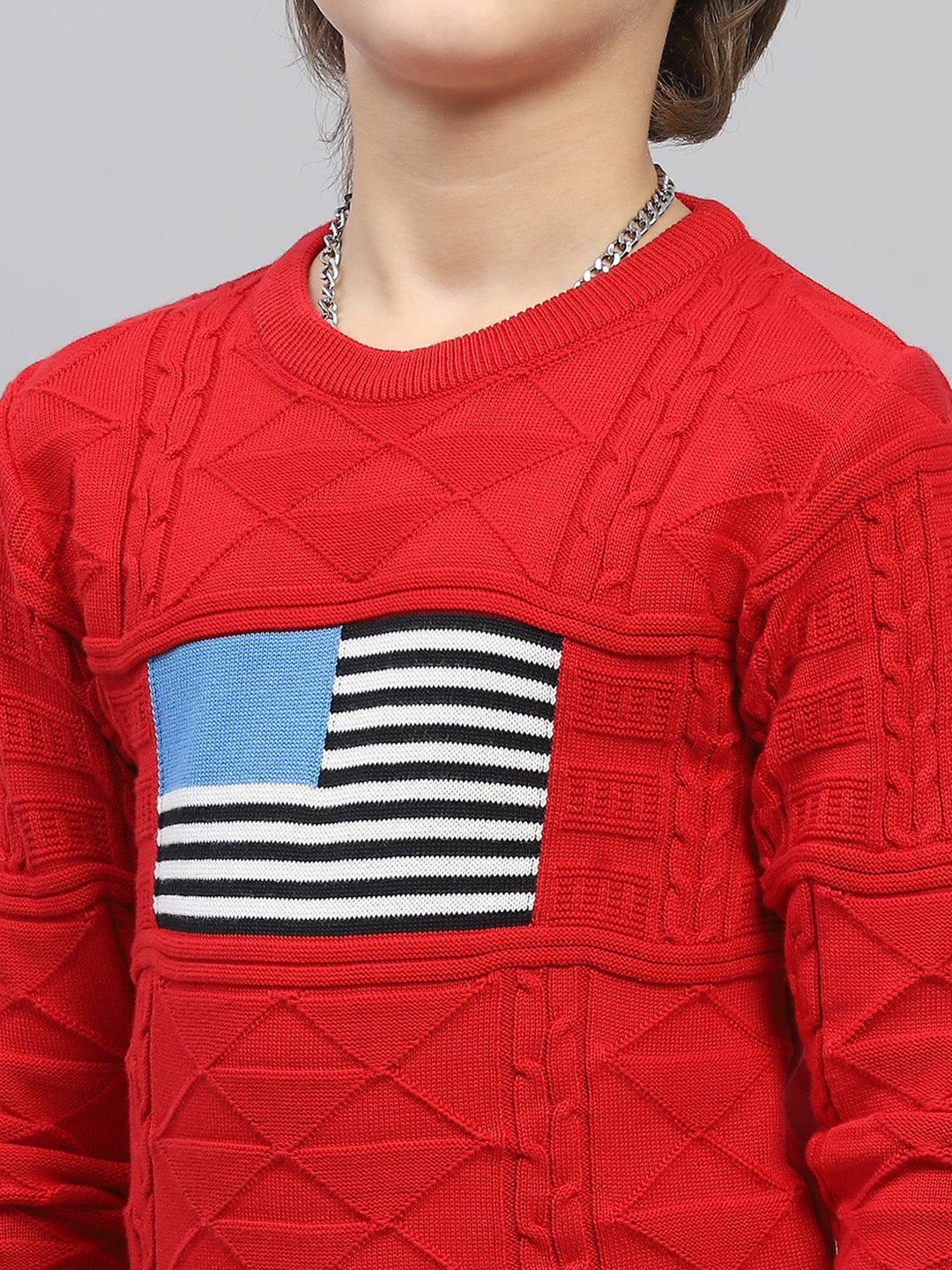 Boys Red Self Design Round Neck Full Sleeve Pullover