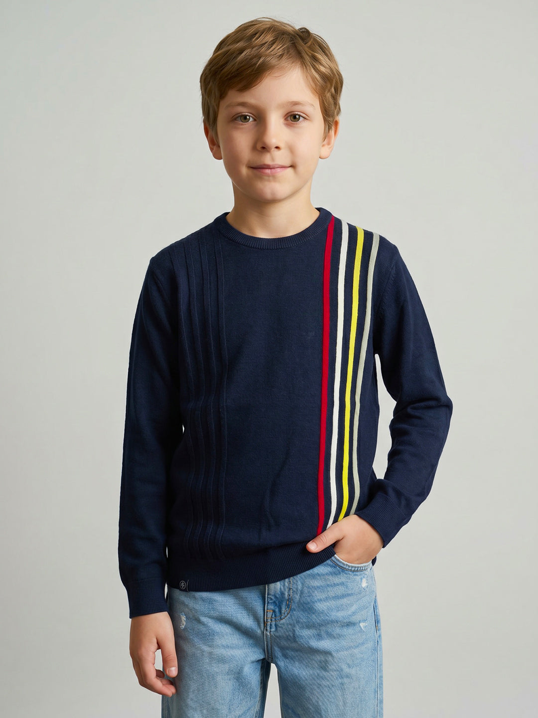 Boys Navy Blue Stripe Round Neck Full Sleeve Pullover