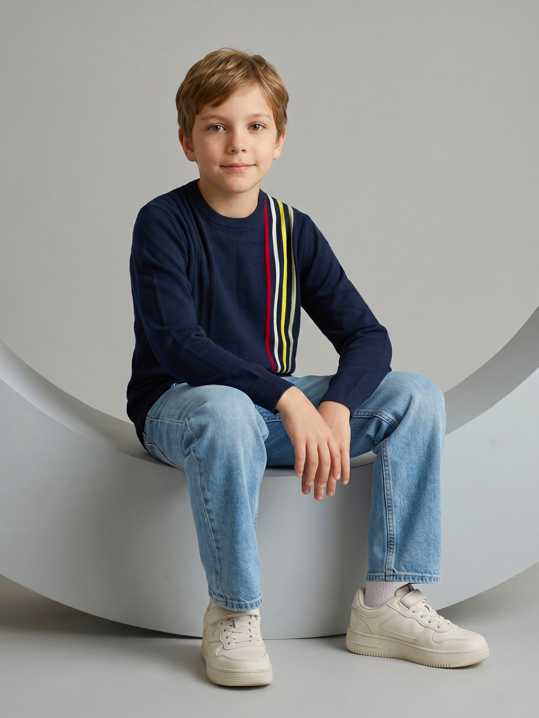 Boys Navy Blue Stripe Round Neck Full Sleeve Pullover