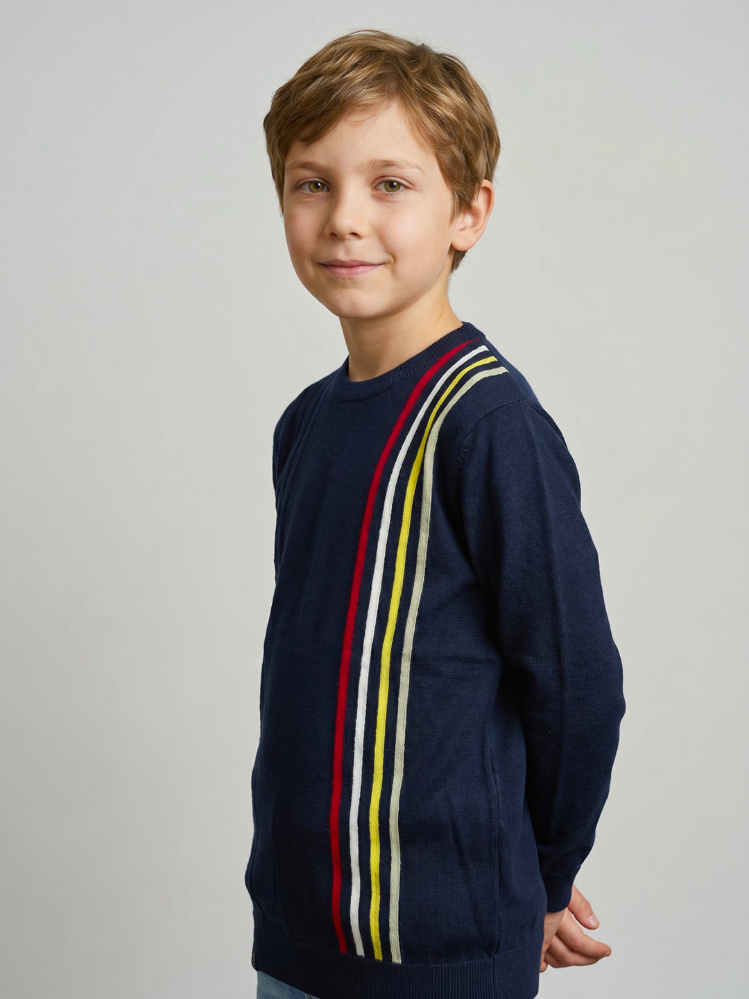 Boys Navy Blue Stripe Round Neck Full Sleeve Pullover