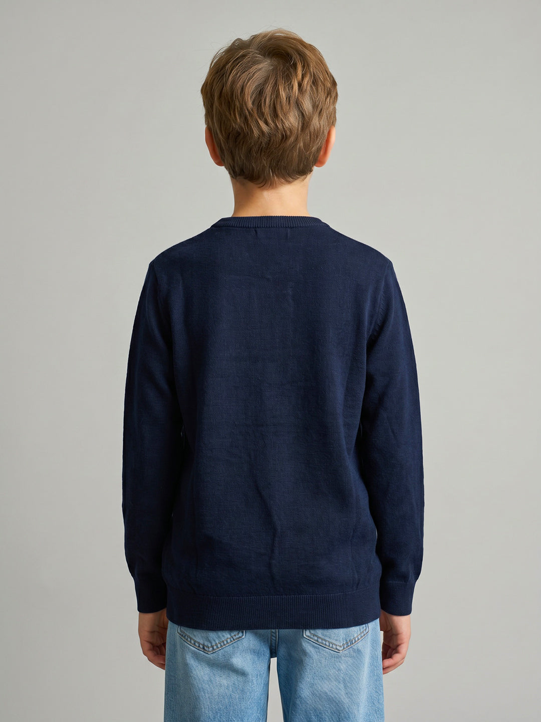 Boys Navy Blue Stripe Round Neck Full Sleeve Pullover