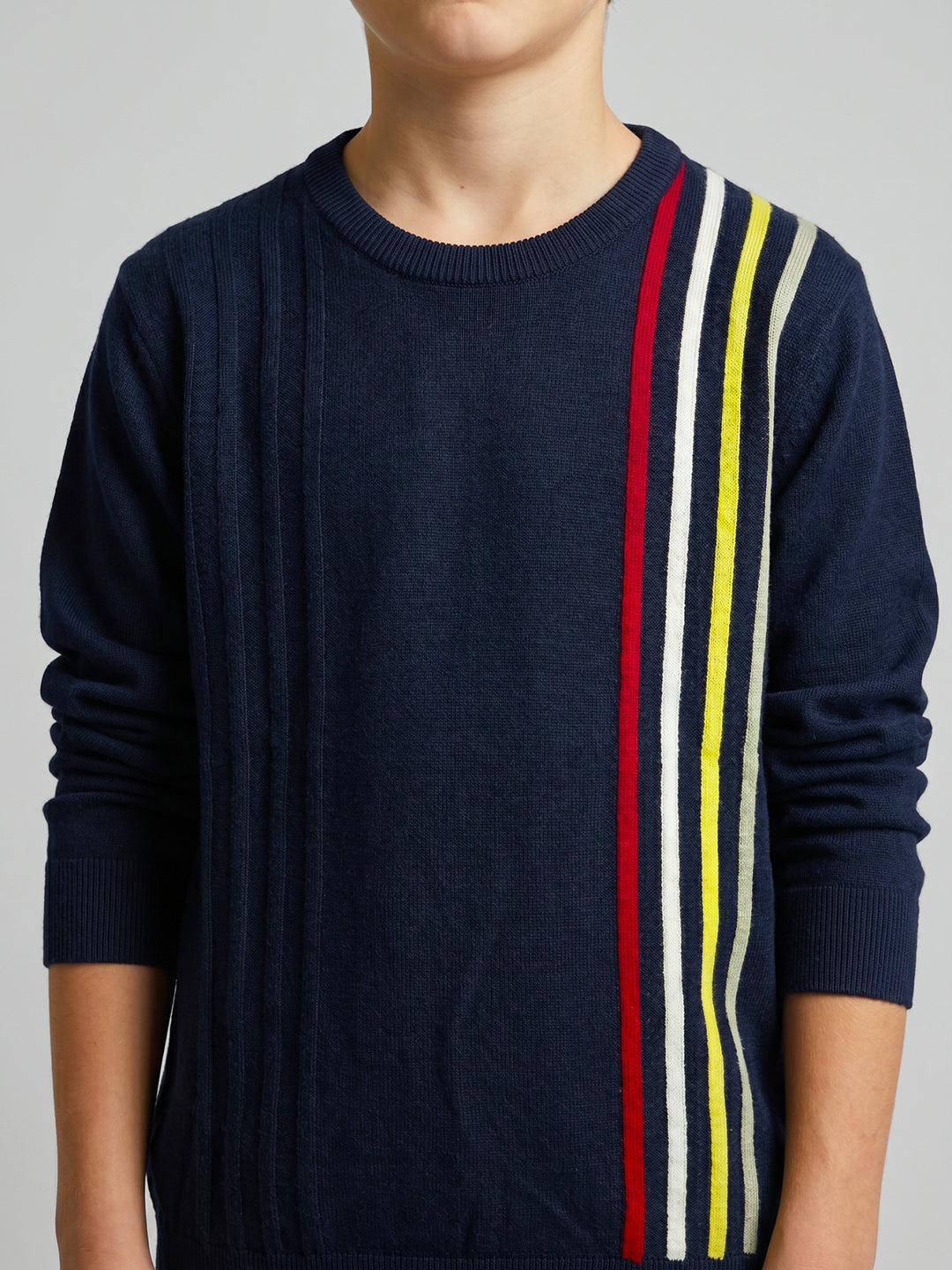 Boys Navy Blue Stripe Round Neck Full Sleeve Pullover