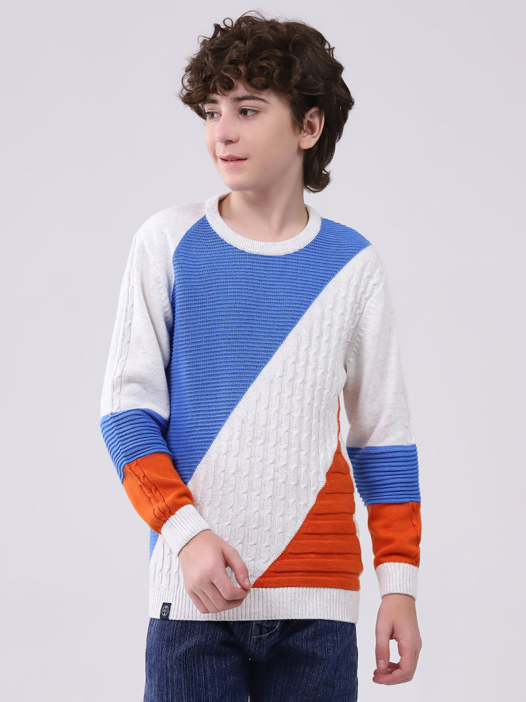Boys White Self Design Round Neck Full Sleeve Pullover