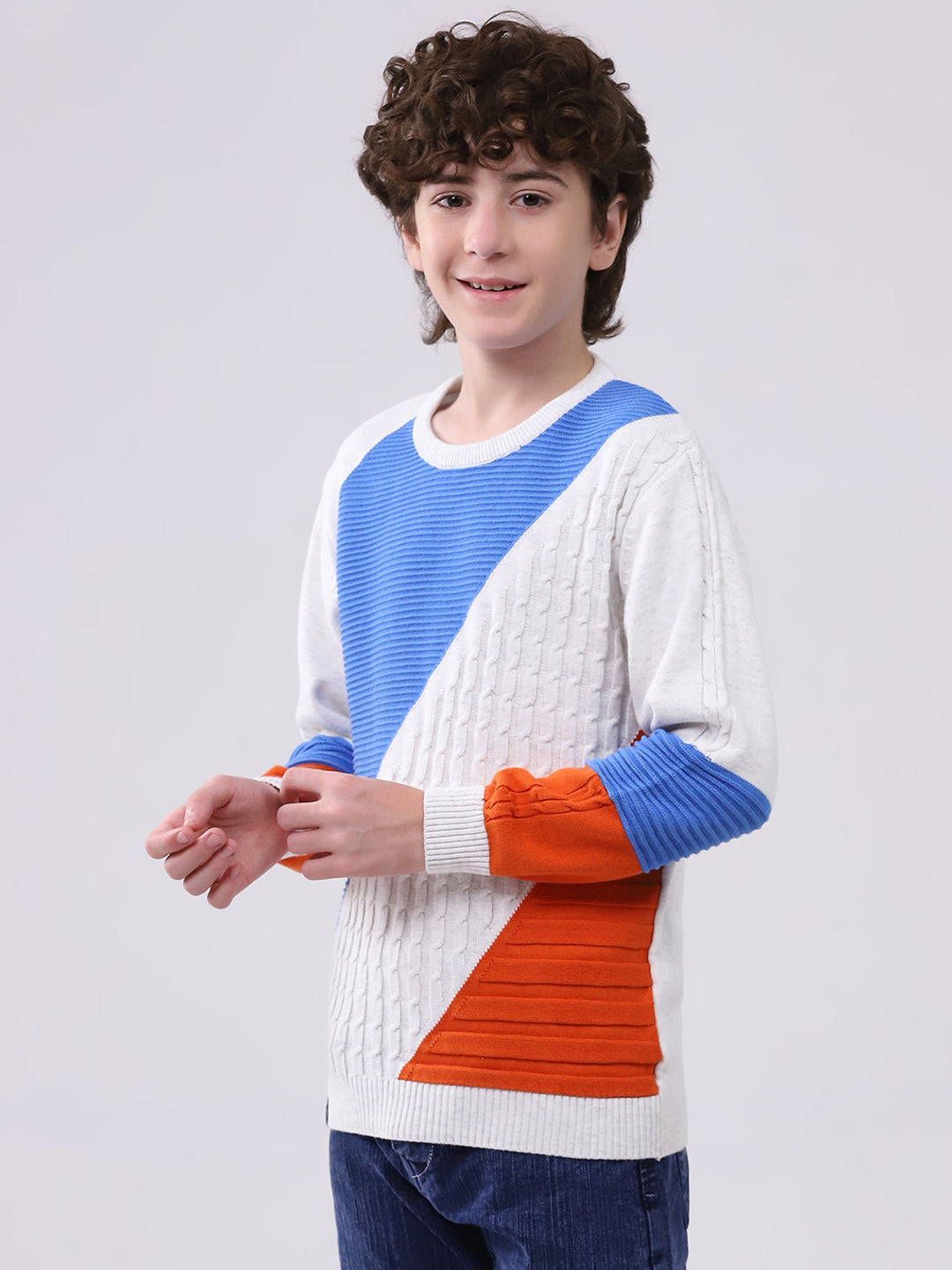 Boys White Self Design Round Neck Full Sleeve Pullover