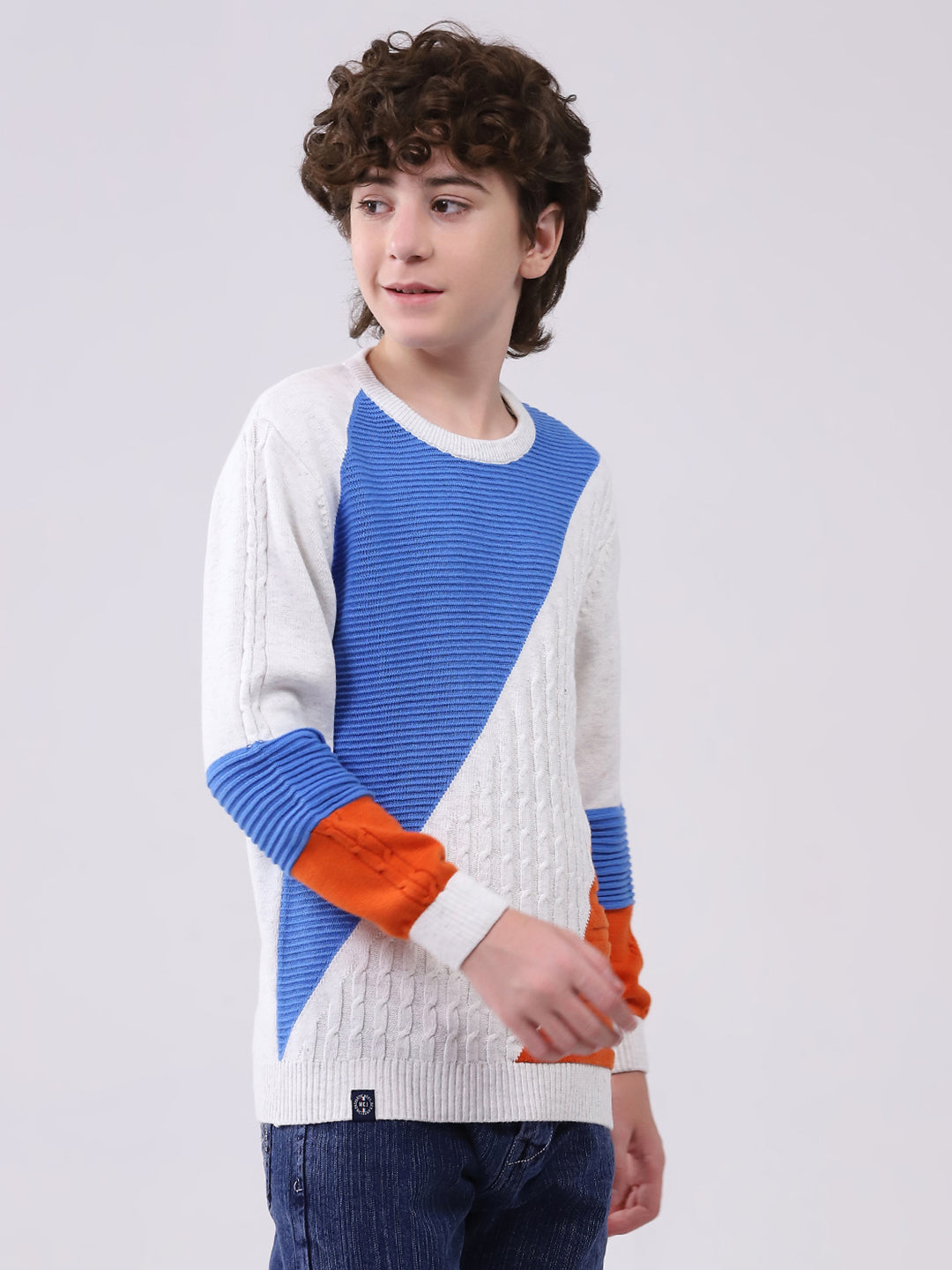 Boys White Self Design Round Neck Full Sleeve Pullover