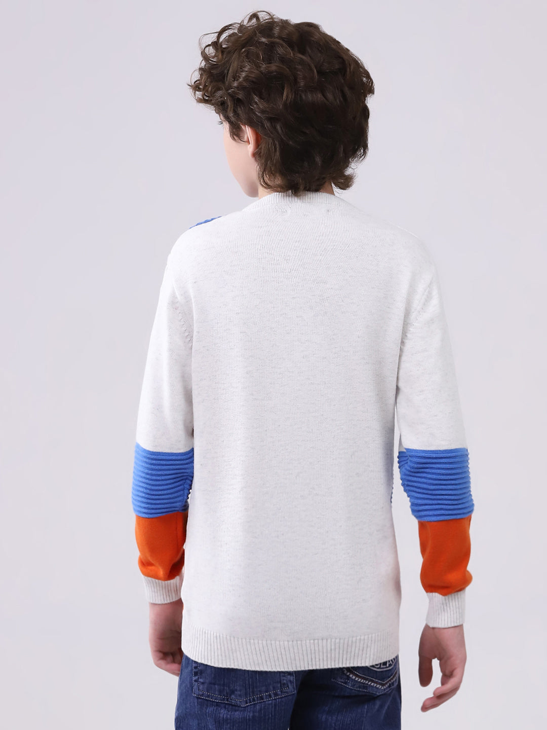 Boys White Self Design Round Neck Full Sleeve Pullover