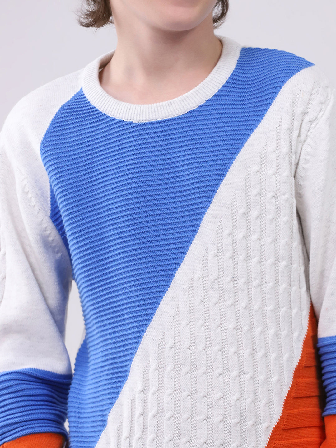 Boys White Self Design Round Neck Full Sleeve Pullover