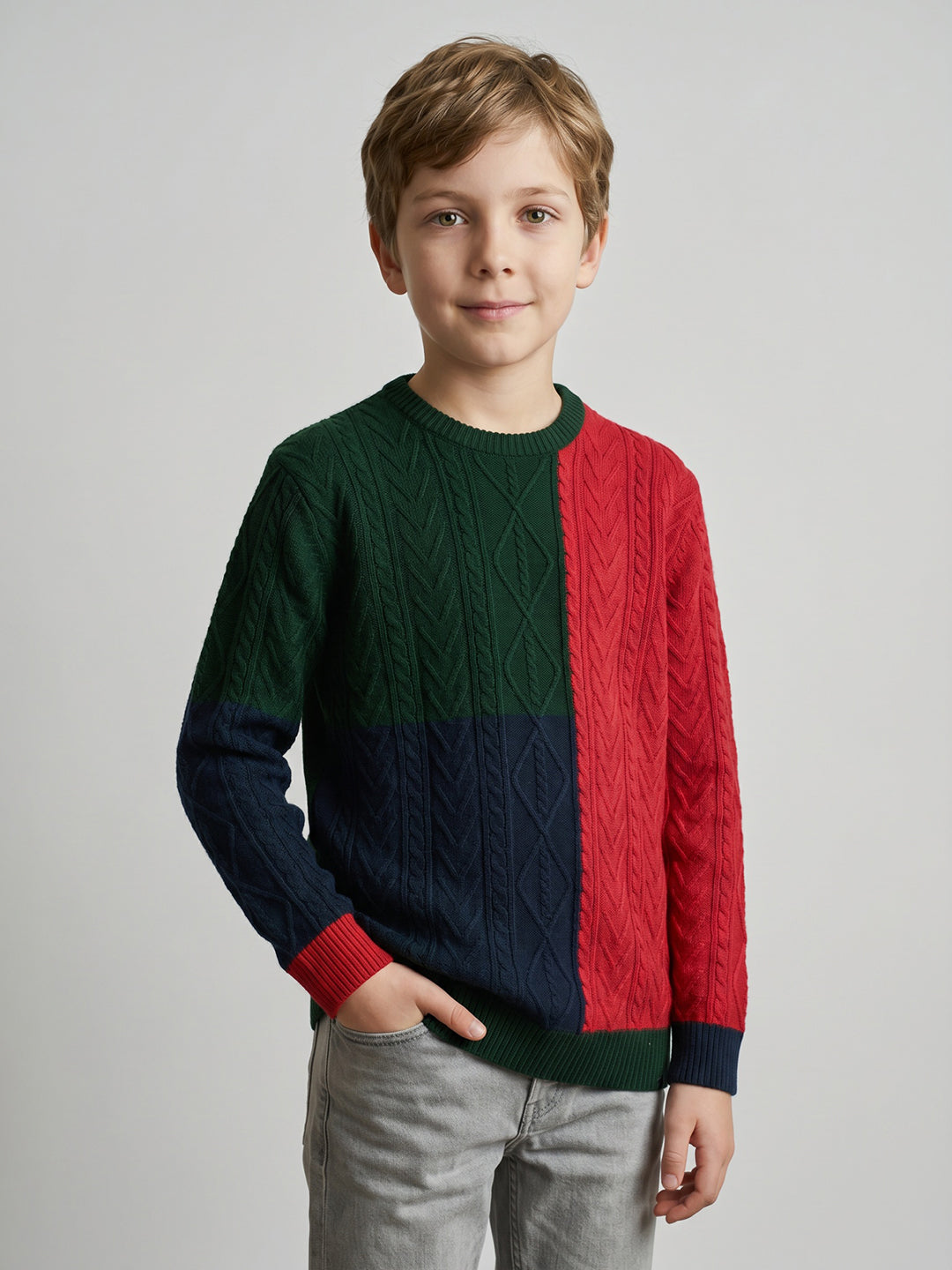 Boys Green Self Design Round Neck Full Sleeve Pullover