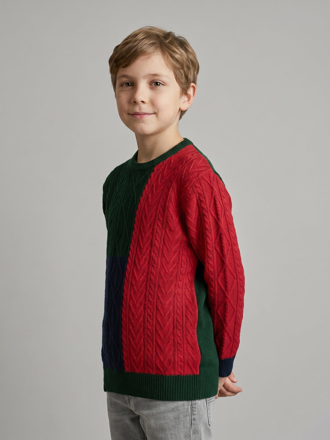 Boys Green Self Design Round Neck Full Sleeve Pullover