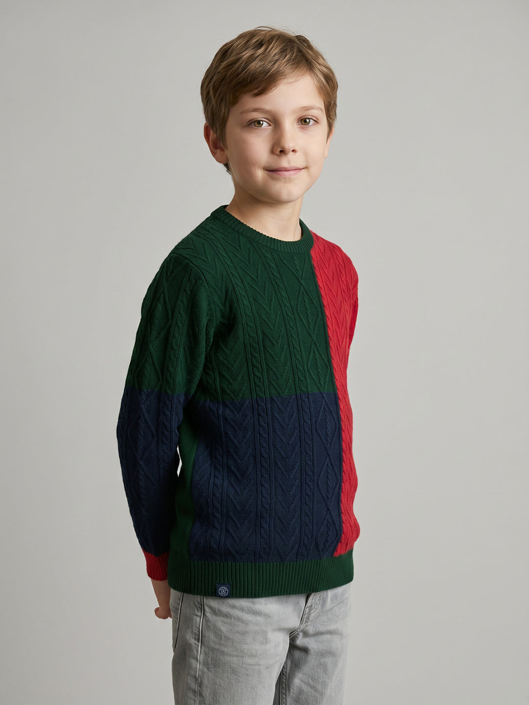 Boys Green Self Design Round Neck Full Sleeve Pullover