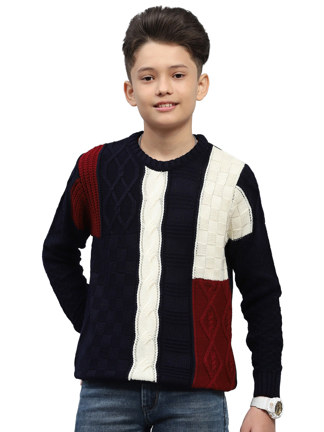 Boys Navy Blue Self Design Round Neck Full Sleeve Pullover