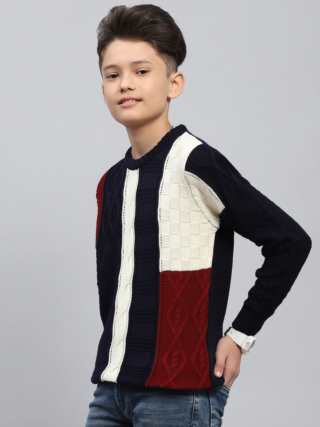Boys Navy Blue Self Design Round Neck Full Sleeve Pullover