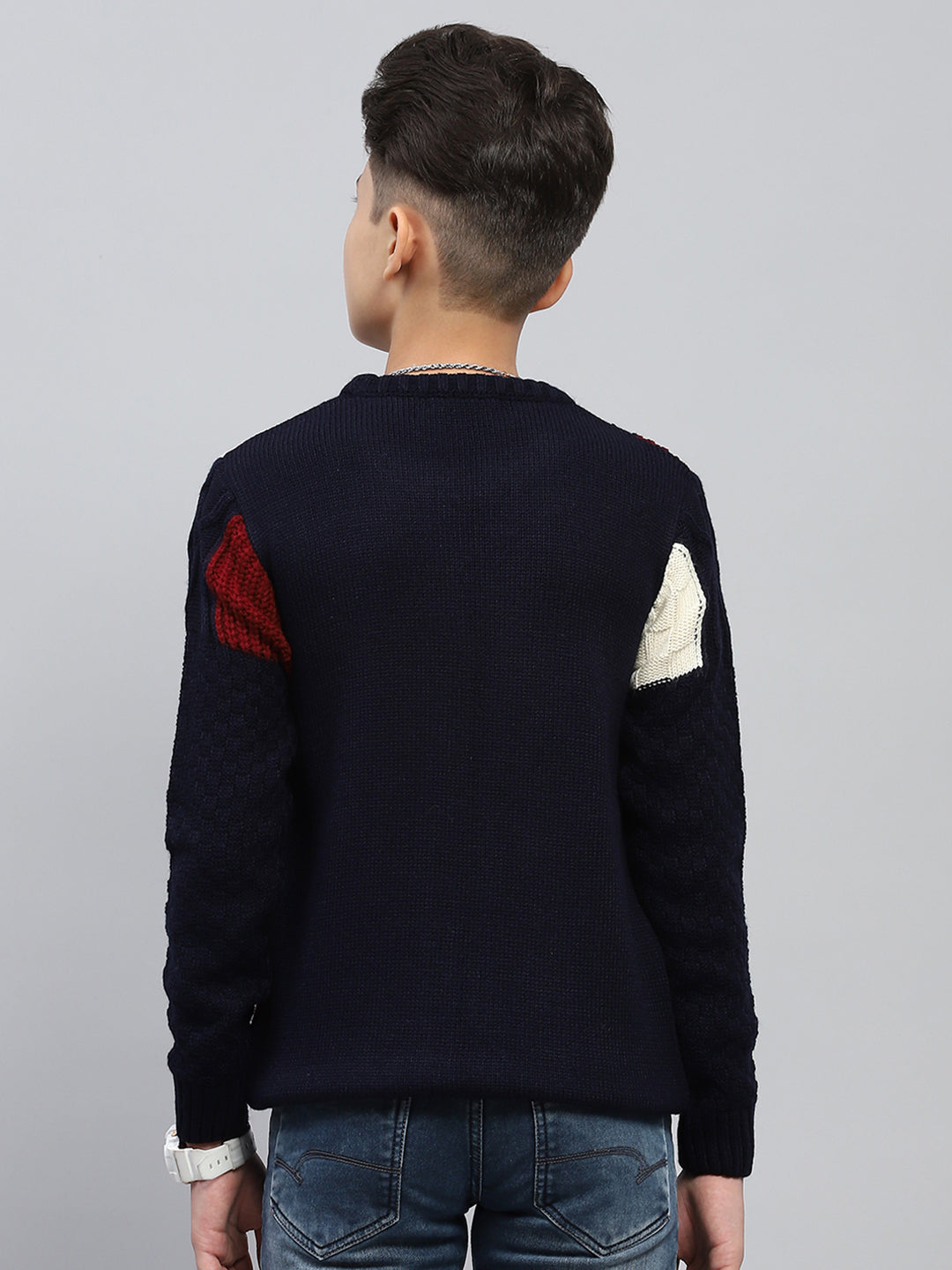 Boys Navy Blue Self Design Round Neck Full Sleeve Pullover