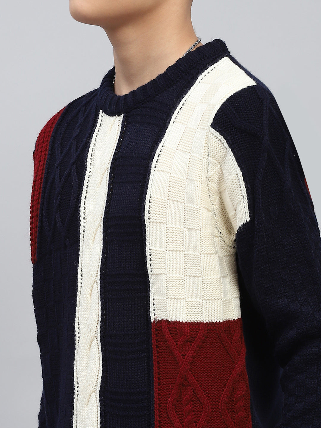 Boys Navy Blue Self Design Round Neck Full Sleeve Pullover