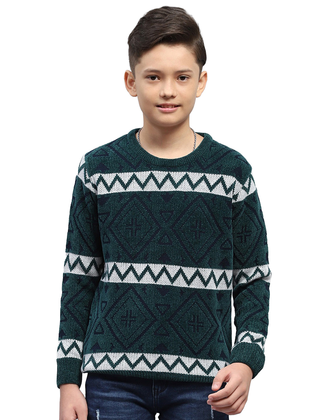 Boys Green Jacquard Round Neck Full Sleeve Pullover