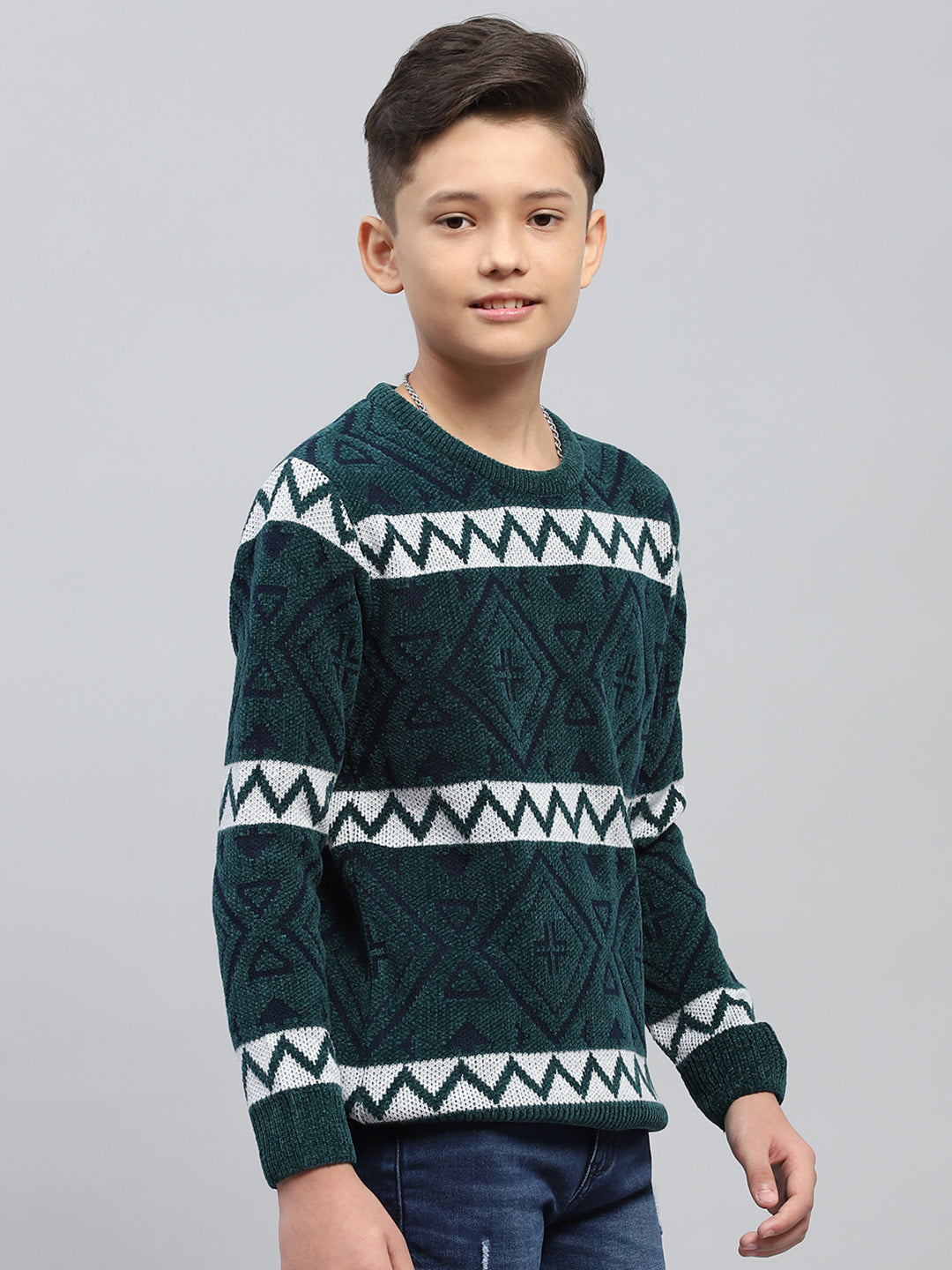 Boys Green Jacquard Round Neck Full Sleeve Pullover