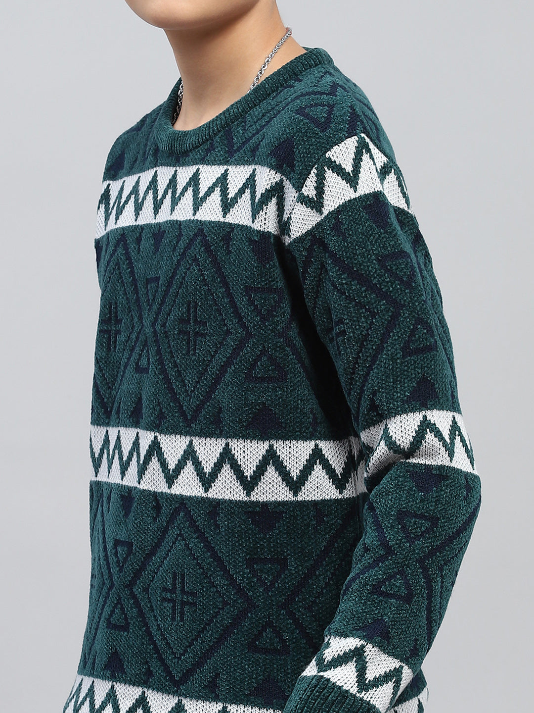 Boys Green Jacquard Round Neck Full Sleeve Pullover