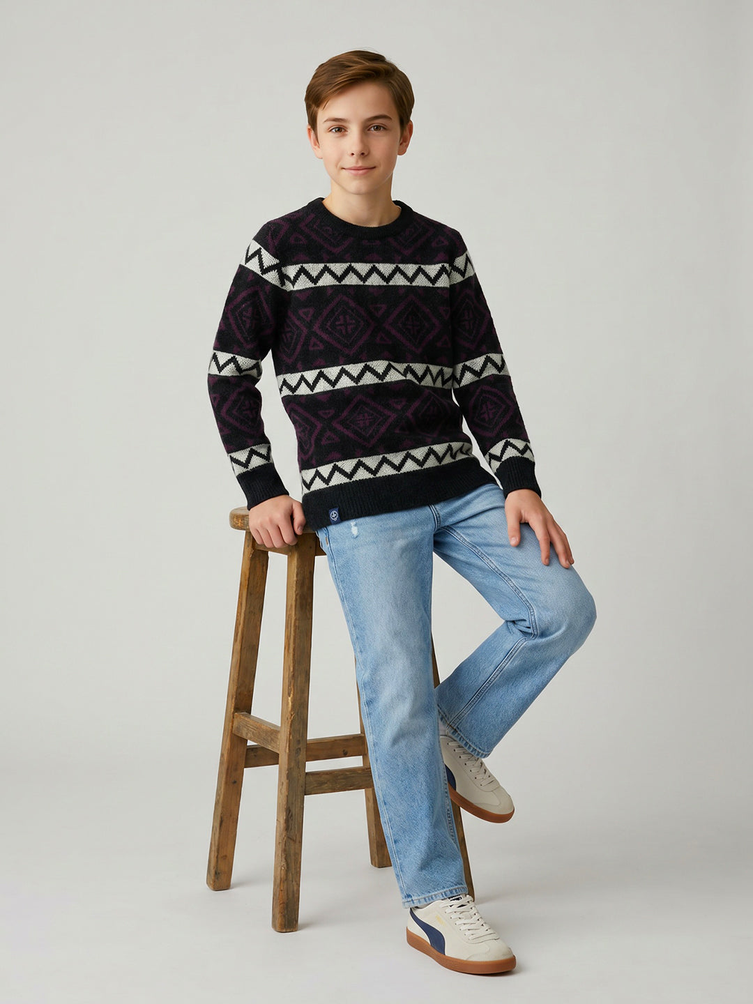Boys Black Jacquard Round Neck Full Sleeve Pullover