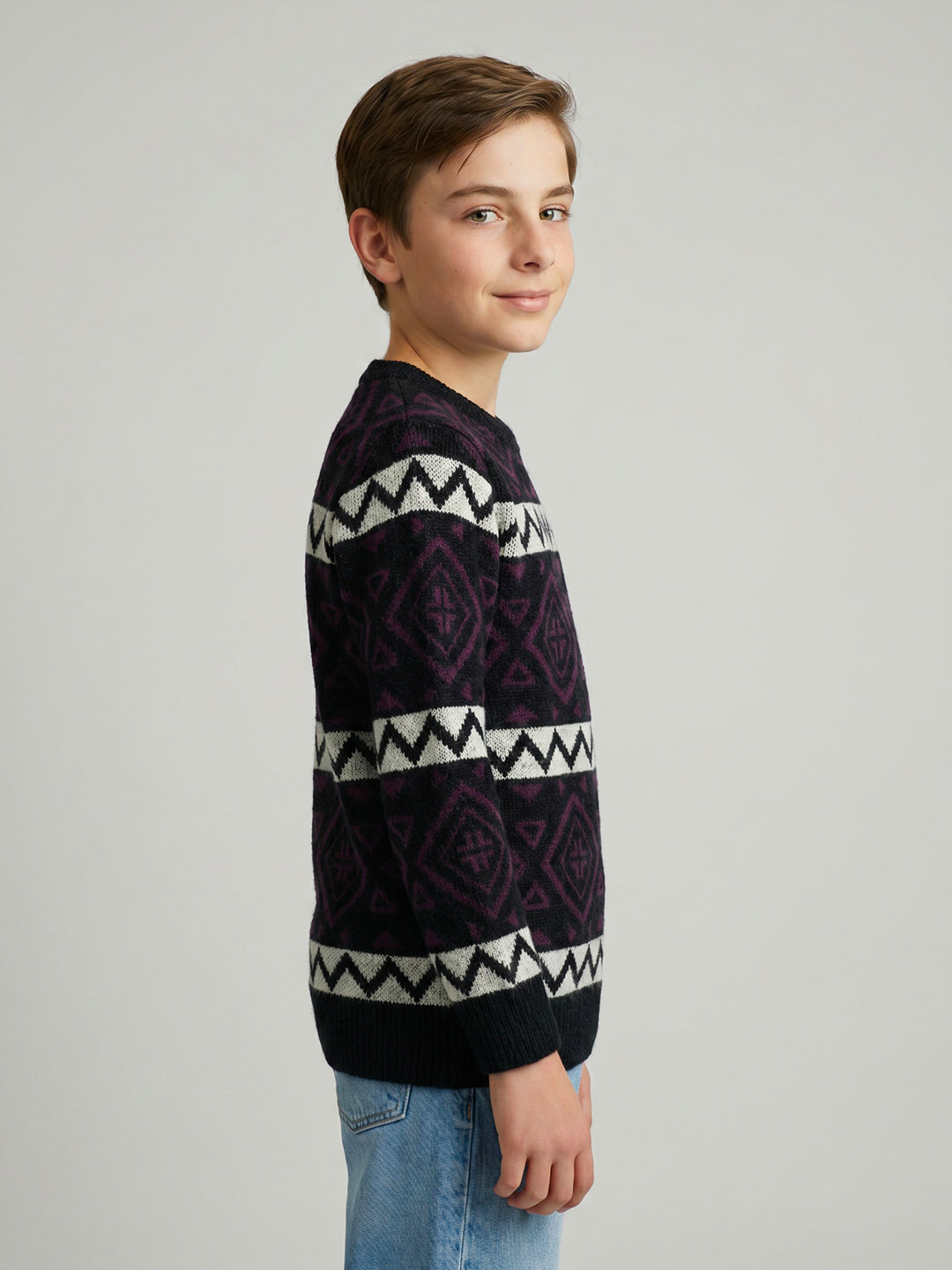 Boys Black Jacquard Round Neck Full Sleeve Pullover