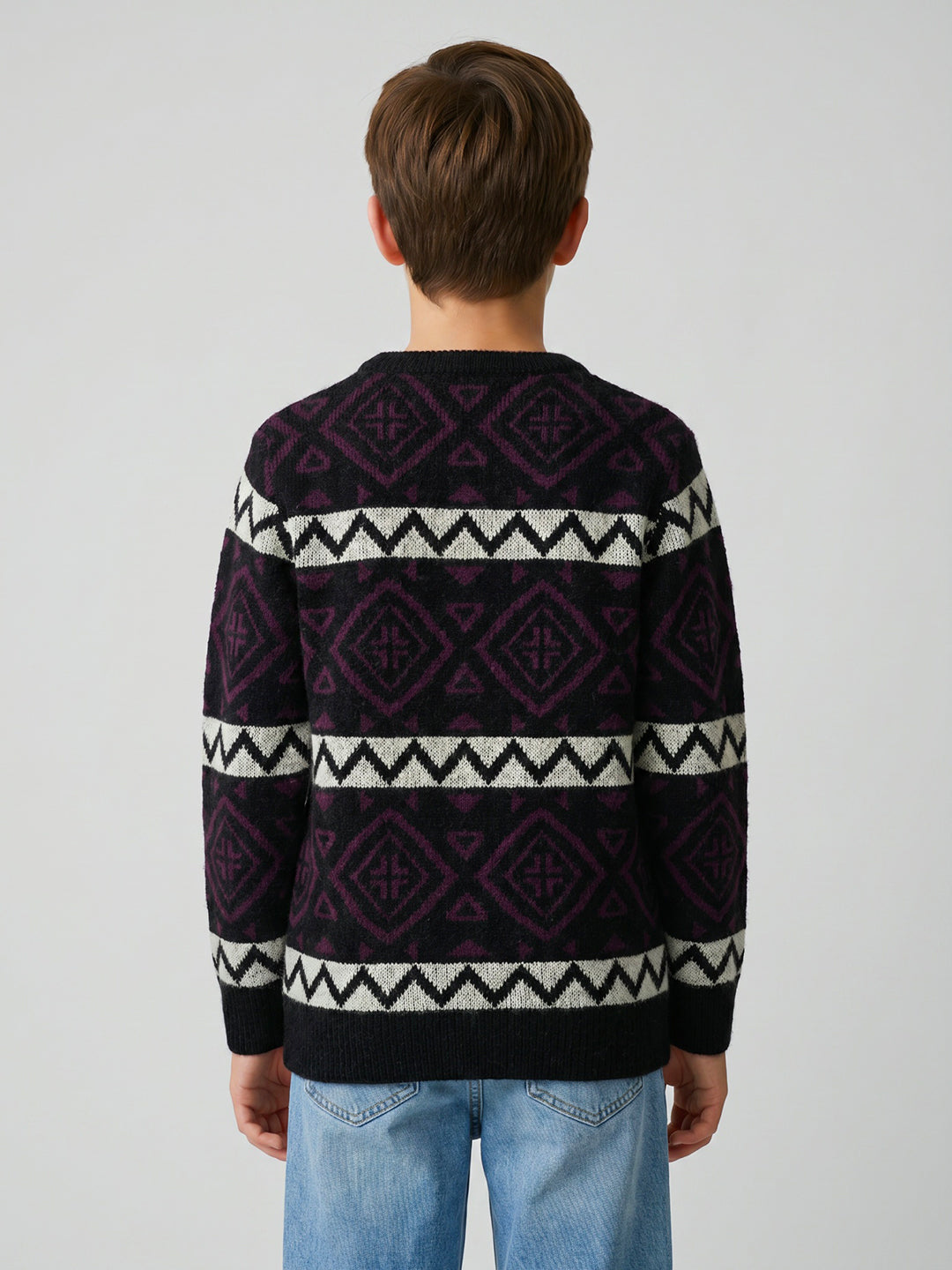 Boys Black Jacquard Round Neck Full Sleeve Pullover