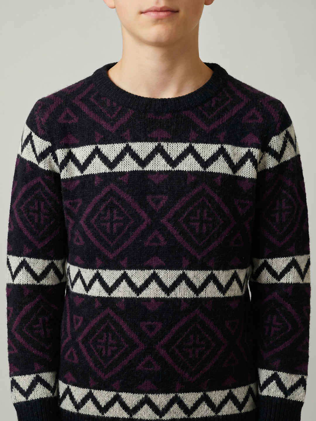 Boys Black Jacquard Round Neck Full Sleeve Pullover