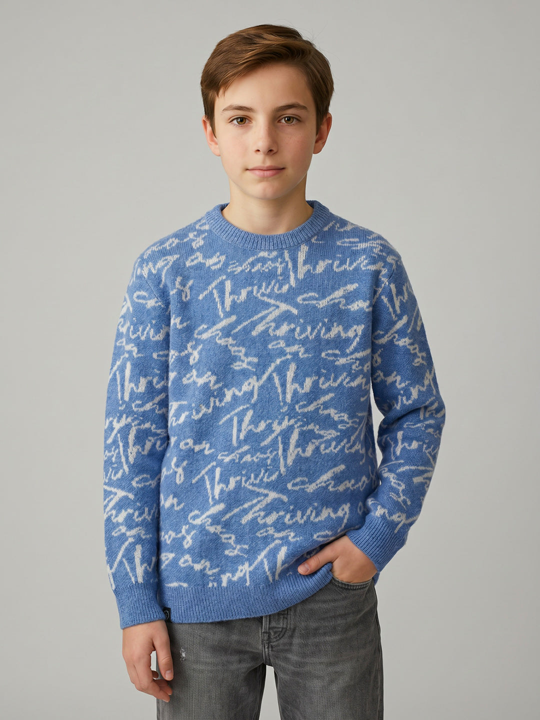 Boys Blue Self Design Round Neck Full Sleeve Pullover