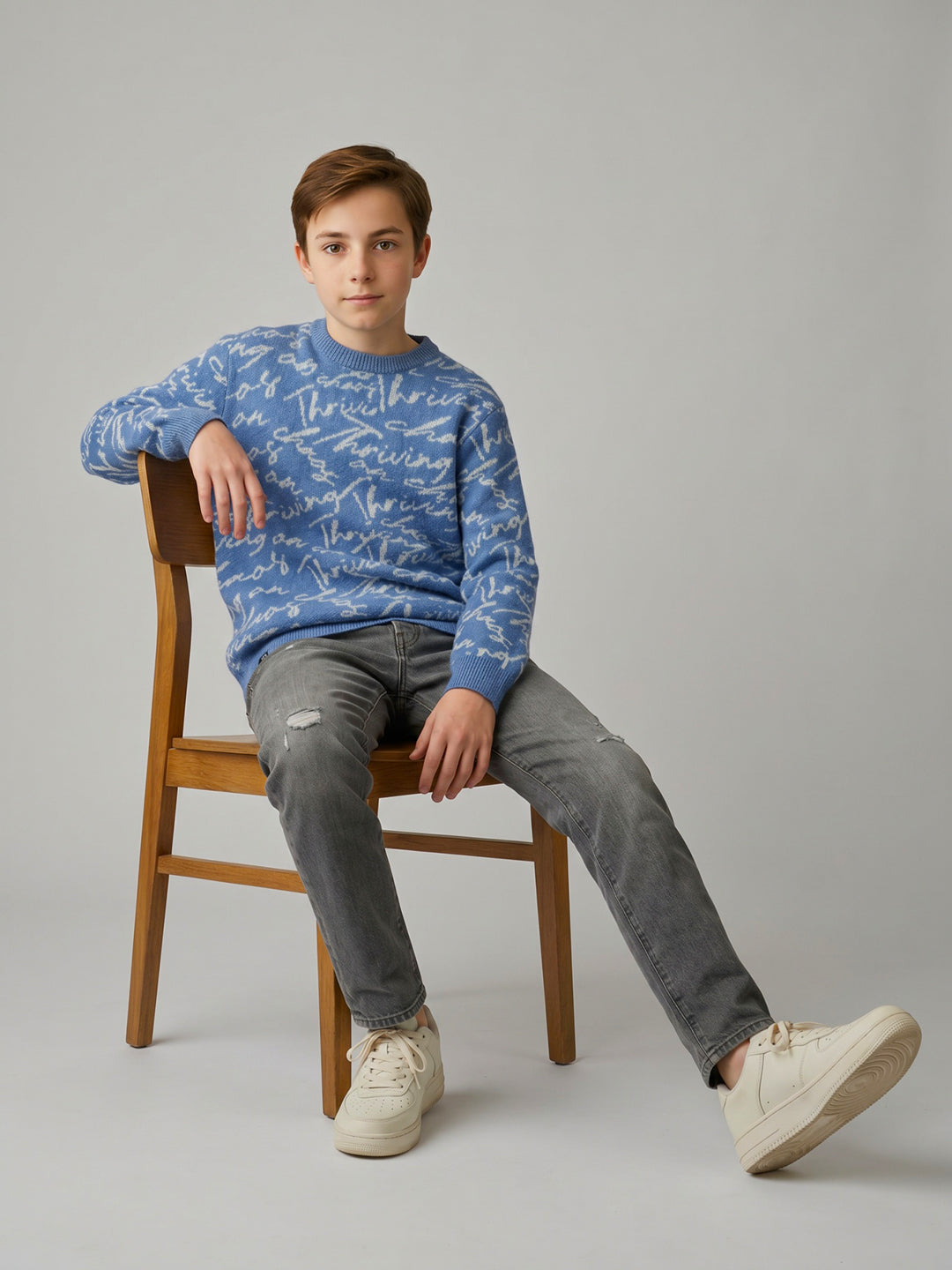 Boys Blue Self Design Round Neck Full Sleeve Pullover