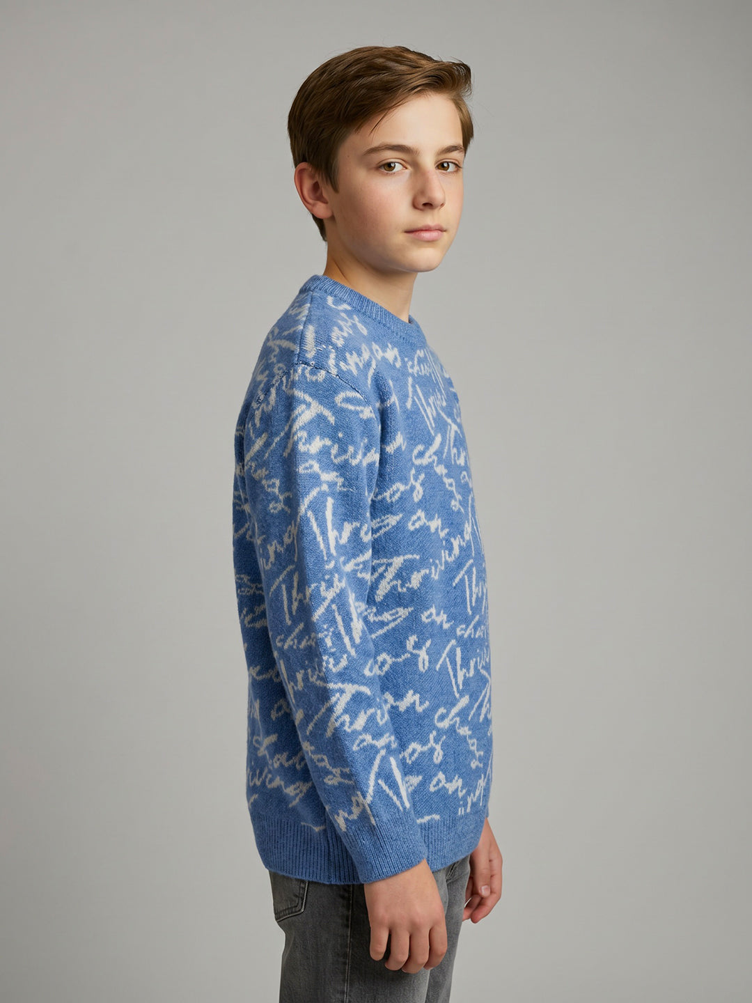 Boys Blue Self Design Round Neck Full Sleeve Pullover