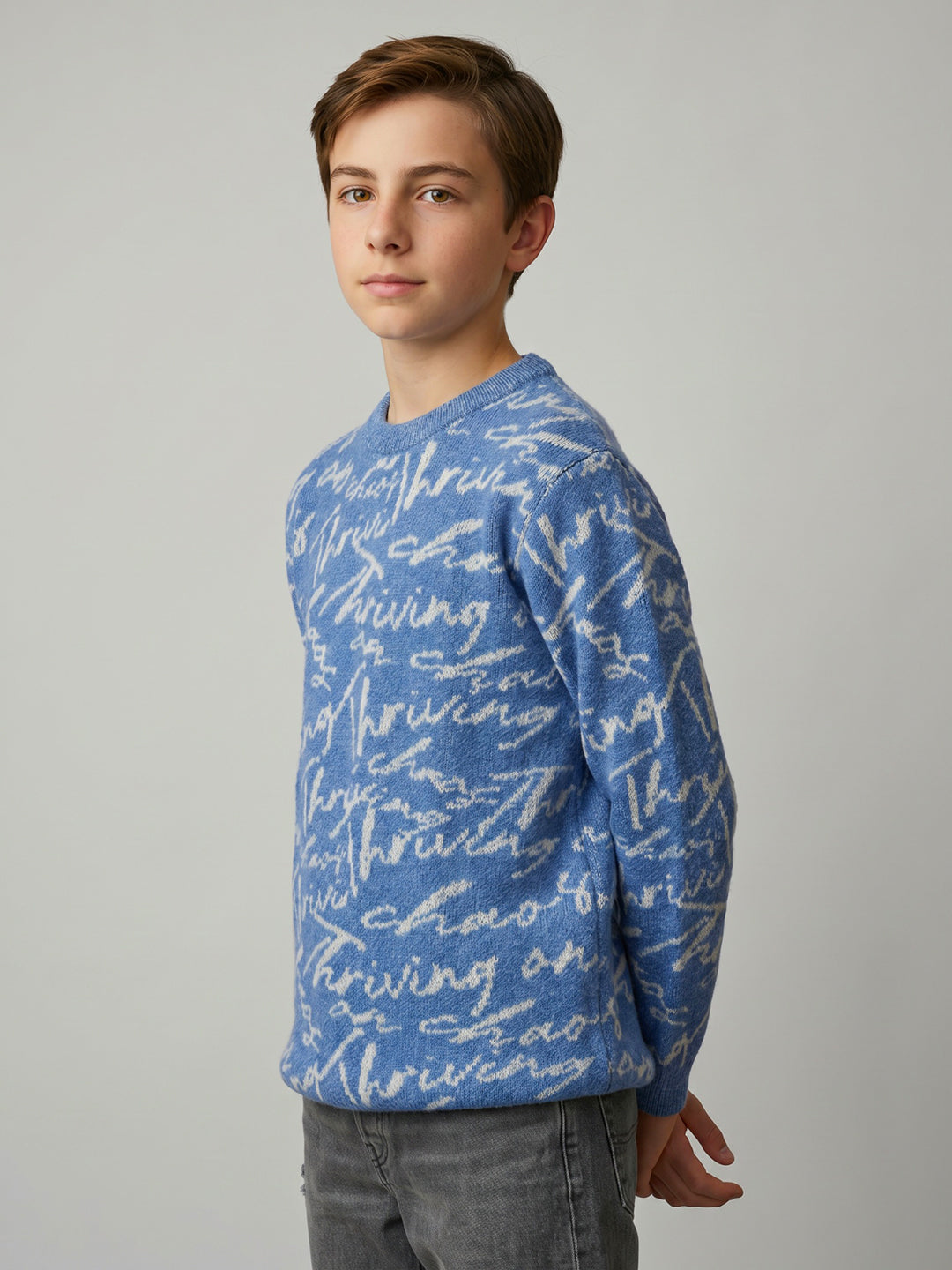 Boys Blue Self Design Round Neck Full Sleeve Pullover