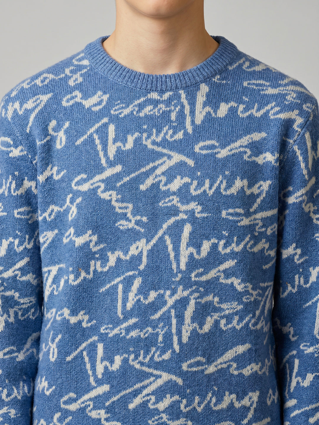 Boys Blue Self Design Round Neck Full Sleeve Pullover