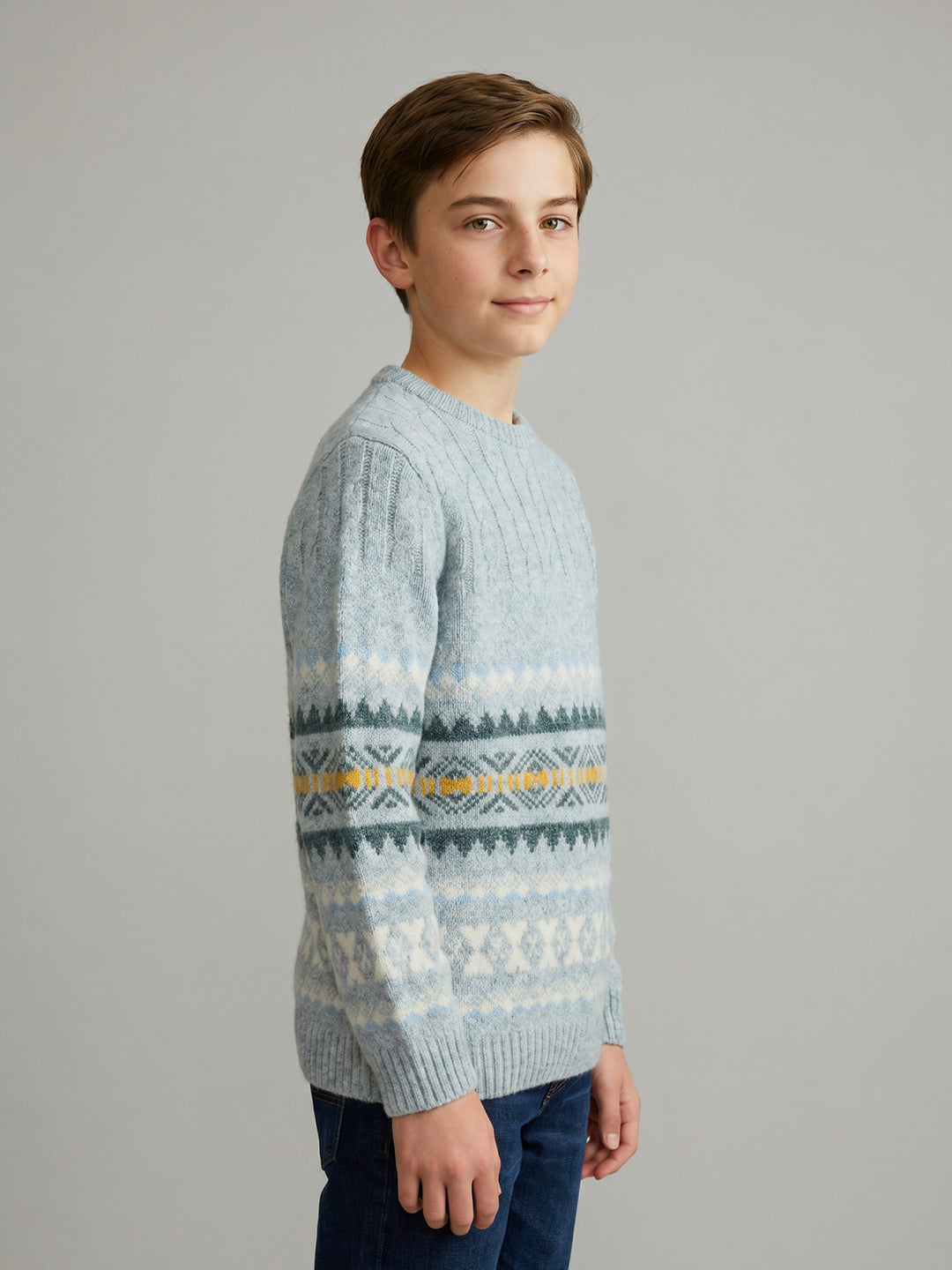 Boys Blue Jacquard Round Neck Full Sleeve Pullover